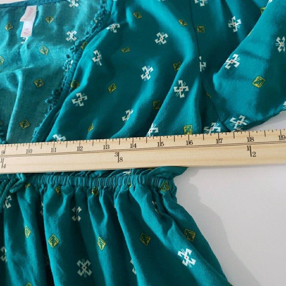Boho Teal Green V-Neck Mini Dress Tie Waist Peasant Bell Sleeve Country Size M - Picture 10 of 11